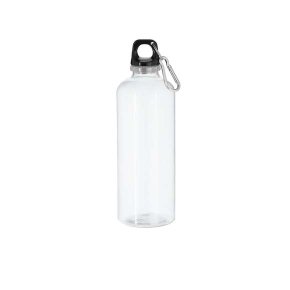 Bidón fabricado en resistente material RPET, con una capacidad de 630 ml. Cuerpo translúcido y tapón negro de cierre a rosca para garantizar un sellado óptimo. Incluye mosquetón metálico que facilita su transporte. Libre de BPA.El material RPET se elabora a partir de plástico reciclado, para así fomentar la reutilización de residuos plásticos y ayudar a la sostenibilidad del planeta.