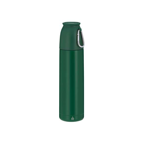 Set de termo con taza fabricado en Acero Inox Reciclado. Termo de 500 ml de capacidad y de doble pared, que garantiza una mejor y más duradera conservación de la temperatura, con dosificador de seguridad. Taza de 120ml, ajustable mediante rosca y con práctico mosquetón de transporte. Termo y taza en acabado mate a juego ideales para disfrutar de la bebida, ya sea caliente o fría, en cualquier momento y lugar. Con distintivo de Acero Inox Reciclado.El acero es uno de los materiales más demandados y que puede encontrarse casi en todas partes, desde productos de uso diario a grandes construcciones. Con innumerables propiedades, entre las que cabe destacar la durabilidad y su alto grado de reutilización, convirtiéndolo en una alternativa muy valorada en soluciones de sostenibilidad. Debidamente tratado, permite obtener nuevos recursos de infinita utilización.