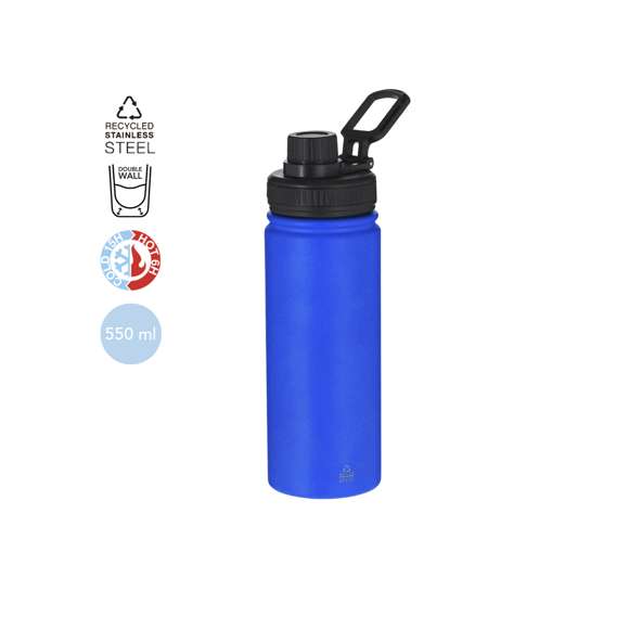 Bidón de Acero Inox Reciclado con 550 ml de capacidad. Incluye tapadera color negro con sistema de cierre a rosca, agarre de silicona para un óptimo sellado, dosificador y asa para transporte ajustable. En acabado mate especialmente diseñado para láser. Incluye distintivo Acero Inox Reciclado.El acero es uno de los materiales más demandados y que puede encontrarse casi en todas partes, desde productos de uso diario a grandes construcciones. Con innumerables propiedades, entre las que cabe destacar la durabilidad y su alto grado de reutilización, convirtiéndolo en una alternativa muy valorada en soluciones de sostenibilidad. Debidamente tratado, permite obtener nuevos recursos de infinita utilización.