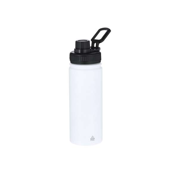 Bidón de Acero Inox Reciclado con 550 ml de capacidad. Incluye tapadera color negro con sistema de cierre a rosca, agarre de silicona para un óptimo sellado, dosificador y asa para transporte ajustable. En acabado mate especialmente diseñado para láser. Incluye distintivo Acero Inox Reciclado.El acero es uno de los materiales más demandados y que puede encontrarse casi en todas partes, desde productos de uso diario a grandes construcciones. Con innumerables propiedades, entre las que cabe destacar la durabilidad y su alto grado de reutilización, convirtiéndolo en una alternativa muy valorada en soluciones de sostenibilidad. Debidamente tratado, permite obtener nuevos recursos de infinita utilización.