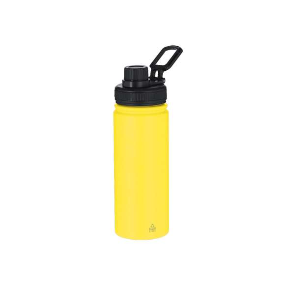 Bidón de Acero Inox Reciclado con 550 ml de capacidad. Incluye tapadera color negro con sistema de cierre a rosca, agarre de silicona para un óptimo sellado, dosificador y asa para transporte ajustable. En acabado mate especialmente diseñado para láser. Incluye distintivo Acero Inox Reciclado.El acero es uno de los materiales más demandados y que puede encontrarse casi en todas partes, desde productos de uso diario a grandes construcciones. Con innumerables propiedades, entre las que cabe destacar la durabilidad y su alto grado de reutilización, convirtiéndolo en una alternativa muy valorada en soluciones de sostenibilidad. Debidamente tratado, permite obtener nuevos recursos de infinita utilización.