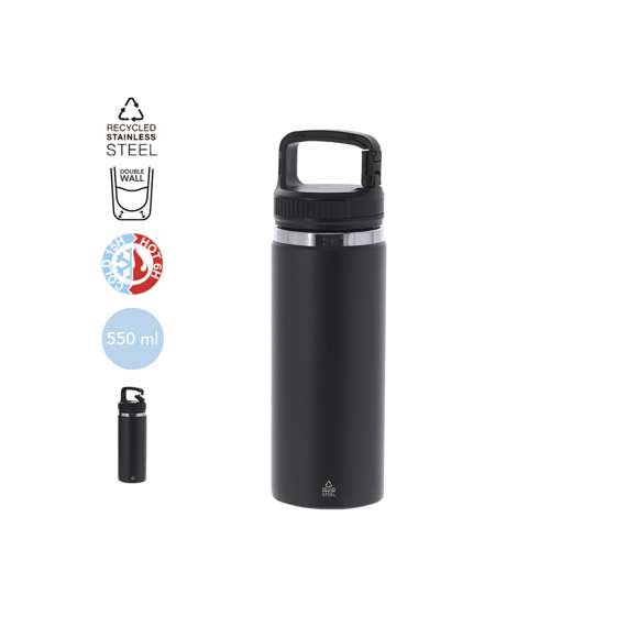 Bidón térmico de 550 ml de capacidad, fabricado en acero inox reciclado de doble pared. Cuenta con un asa funcional con doble función de mosquetón, que facilita un transporte cómodo y versátil. Con tapadera a rosca y base en color mate, complementada con un elegante aro decorativo en plata. Libre de BPA.El acero es uno de los materiales más demandados y que puede encontrarse casi en todas partes, desde productos de uso diario a grandes construcciones. Con innumerables propiedades, entre las que cabe destacar la durabilidad y su alto grado de reutilización, convirtiéndolo en una alternativa muy valorada en soluciones de sostenibilidad. Debidamente tratado, permite obtener nuevos recursos de infinita utilización.