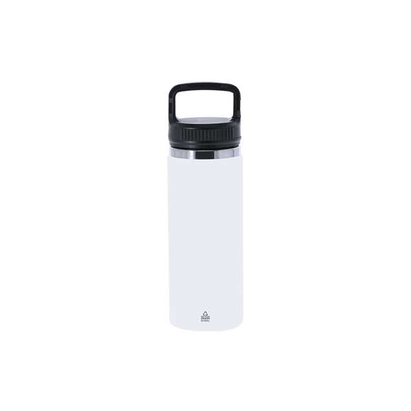 Bidón térmico de 550 ml de capacidad, fabricado en acero inox reciclado de doble pared. Cuenta con un asa funcional con doble función de mosquetón, que facilita un transporte cómodo y versátil. Con tapadera a rosca y base en color mate, complementada con un elegante aro decorativo en plata. Libre de BPA.El acero es uno de los materiales más demandados y que puede encontrarse casi en todas partes, desde productos de uso diario a grandes construcciones. Con innumerables propiedades, entre las que cabe destacar la durabilidad y su alto grado de reutilización, convirtiéndolo en una alternativa muy valorada en soluciones de sostenibilidad. Debidamente tratado, permite obtener nuevos recursos de infinita utilización.