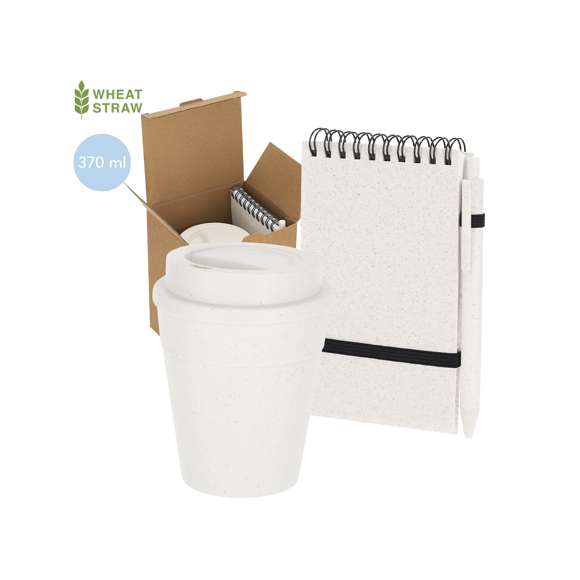Completo set que incluye:- Vaso fabricado en resistente PP con 370 ml de capacidad.Incorpora una tapa dosificadora para mayor comodidad.- Bloc de anillas con tapas de caña de trigo con bolígrafo a juego. De tamaño compacto, con elástico de cierre en elegante color negro. Incluye 70 hojas con disposición a una raya y diseño eco. Bolígrafo de mecanismo pulsador en caña de trigo con tinta azul. Incluye distintivo Wheat Straw.Presentado en caja de diseño kraft.La Caña de Trigo fomenta la utilización de materias primas naturales, reduciendo así las emisiones contaminantes.