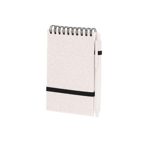 Completo set que incluye:- Vaso fabricado en resistente PP con 370 ml de capacidad.Incorpora una tapa dosificadora para mayor comodidad.- Bloc de anillas con tapas de caña de trigo con bolígrafo a juego. De tamaño compacto, con elástico de cierre en elegante color negro. Incluye 70 hojas con disposición a una raya y diseño eco. Bolígrafo de mecanismo pulsador en caña de trigo con tinta azul. Incluye distintivo Wheat Straw.Presentado en caja de diseño kraft.La Caña de Trigo fomenta la utilización de materias primas naturales, reduciendo así las emisiones contaminantes.