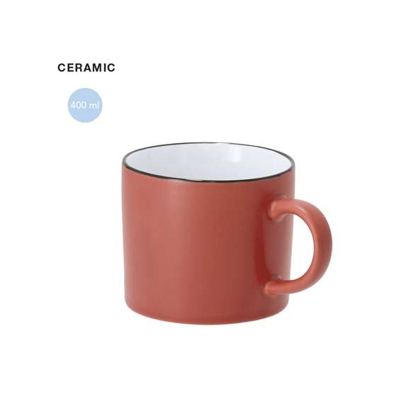 Taza de cerámica de 400 ml de capacidad de acabado exterior mate y detalle en color negro.