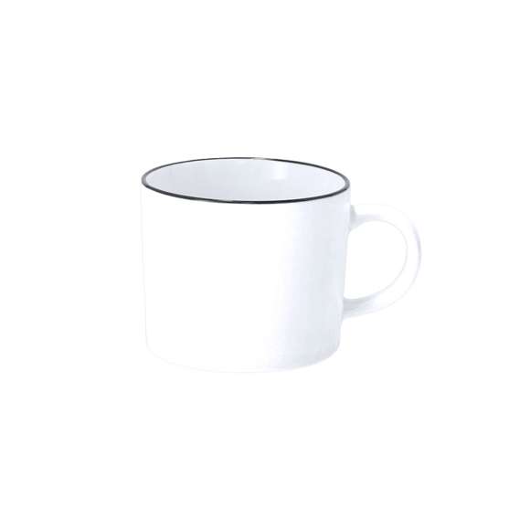 Taza de cerámica de 400 ml de capacidad de acabado exterior mate y detalle en color negro.