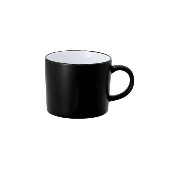 Taza de cerámica de 400 ml de capacidad de acabado exterior mate y detalle en color negro.