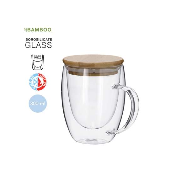 Taza térmica de doble pared y 300 ml de capacidad. Fabricada en cristal de borosilicato con tapa con sellado hermético de bambú.Fabricado en cristal de borosilicato, que ofrece una resistencia y durabilidad excepcionales, alargando su vida útil y pudiendo ser reutilizado infinidad de veces.