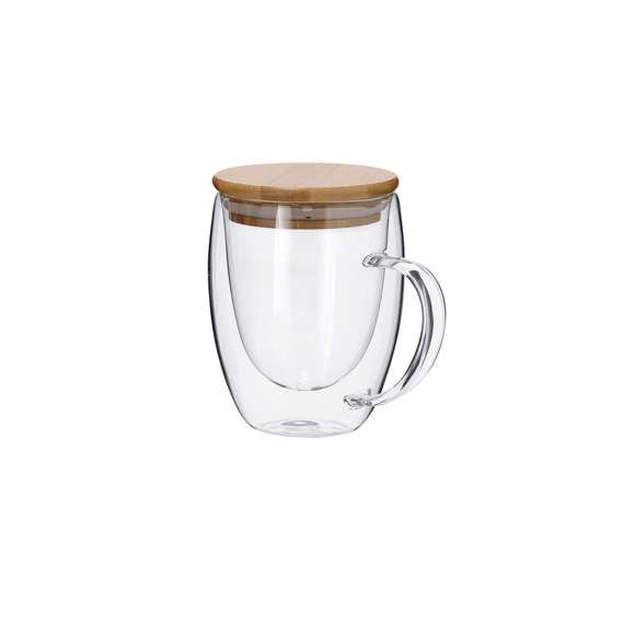 Taza térmica de doble pared y 300 ml de capacidad. Fabricada en cristal de borosilicato con tapa con sellado hermético de bambú.Fabricado en cristal de borosilicato, que ofrece una resistencia y durabilidad excepcionales, alargando su vida útil y pudiendo ser reutilizado infinidad de veces.