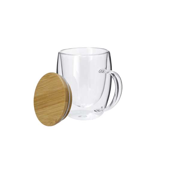 Taza térmica de doble pared y 300 ml de capacidad. Fabricada en cristal de borosilicato con tapa con sellado hermético de bambú.Fabricado en cristal de borosilicato, que ofrece una resistencia y durabilidad excepcionales, alargando su vida útil y pudiendo ser reutilizado infinidad de veces.