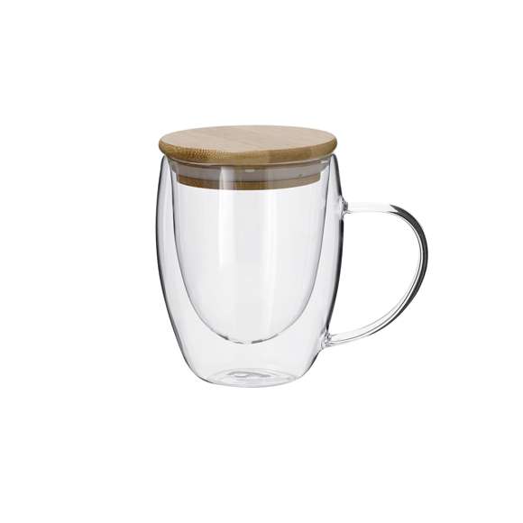 Taza térmica de doble pared y 300 ml de capacidad. Fabricada en cristal de borosilicato con tapa con sellado hermético de bambú.Fabricado en cristal de borosilicato, que ofrece una resistencia y durabilidad excepcionales, alargando su vida útil y pudiendo ser reutilizado infinidad de veces.