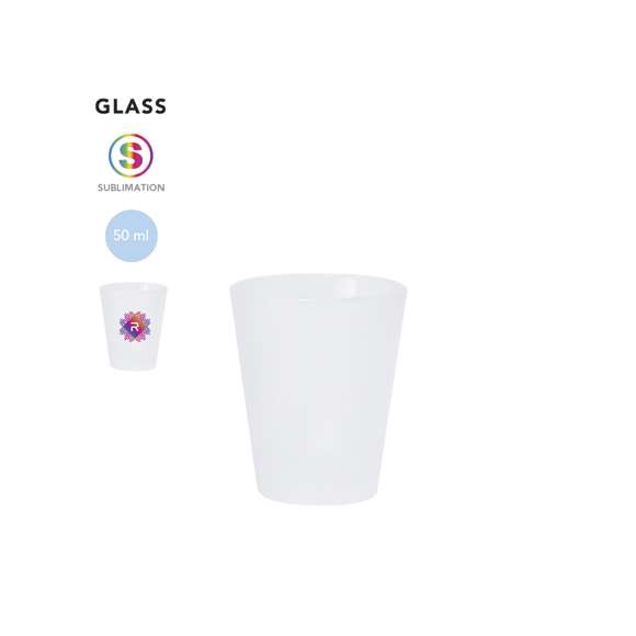 Vaso de chupito de 50 ml de capacidad en resistente cristal de acabado frosted. Especialmente diseñado para marcaje en sublimación.