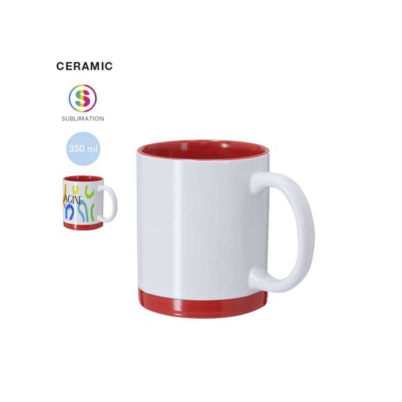 Taza de cerámica con capacidad de 350 ml, diseñada con exterior blanco y detalles de color en la base e interior a juego. Especialmente diseñada para marcaje en sublimación.