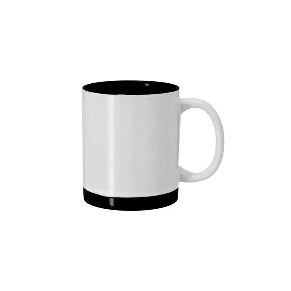Taza de cerámica con capacidad de 350 ml, diseñada con exterior blanco y detalles de color en la base e interior a juego. Especialmente diseñada para marcaje en sublimación.