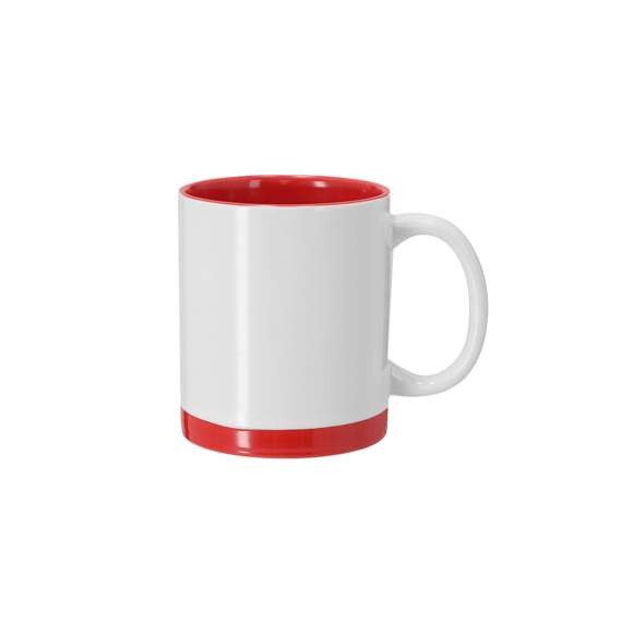 Taza de cerámica con capacidad de 350 ml, diseñada con exterior blanco y detalles de color en la base e interior a juego. Especialmente diseñada para marcaje en sublimación.