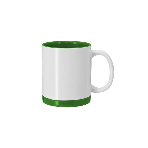 Taza de cerámica con capacidad de 350 ml, diseñada con exterior blanco y detalles de color en la base e interior a juego. Especialmente diseñada para marcaje en sublimación.