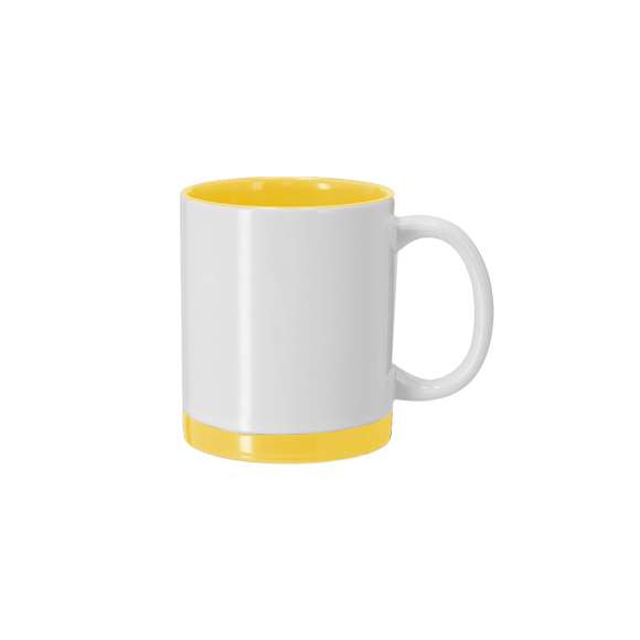 Taza de cerámica con capacidad de 350 ml, diseñada con exterior blanco y detalles de color en la base e interior a juego. Especialmente diseñada para marcaje en sublimación.
