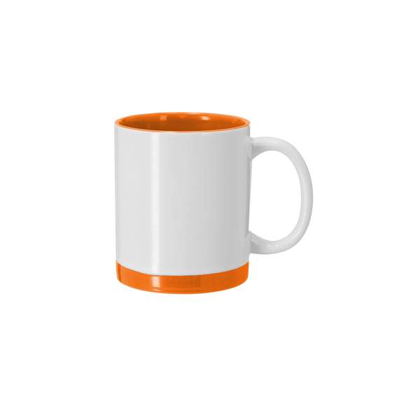 Taza de cerámica con capacidad de 350 ml, diseñada con exterior blanco y detalles de color en la base e interior a juego. Especialmente diseñada para marcaje en sublimación.