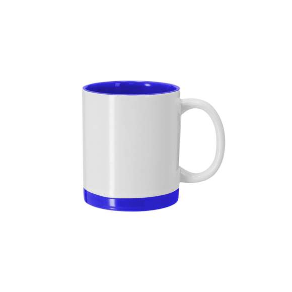 Taza de cerámica con capacidad de 350 ml, diseñada con exterior blanco y detalles de color en la base e interior a juego. Especialmente diseñada para marcaje en sublimación.