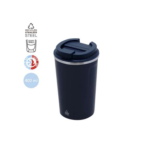 Vaso térmico de doble pared fabricadao en Acero Inox Recliclado y 400 ml de capacidad. Tapadera con dosificador de fácil apertura de PP y libre de BPA. Incluye distintivo de Acero Inox Reciclado.El acero es uno de los materiales más demandados y que puede encontrarse casi en todas partes, desde productos de uso diario a grandes construcciones. Con innumerables propiedades, entre las que cabe destacar la durabilidad y su alto grado de reutilización, convirtiéndolo en una alternativa muy valorada en soluciones de sostenibilidad. Debidamente tratado, permite obtener nuevos recursos de infinita utilización.