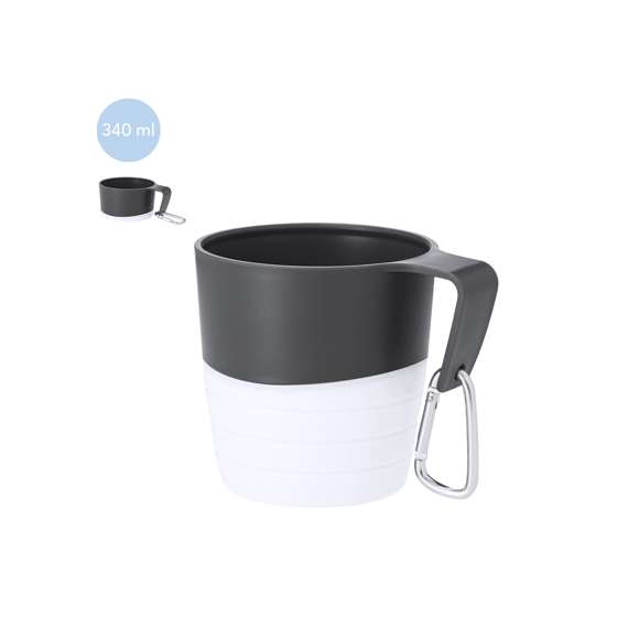 Taza plegable de 340 ml de capacidad. Fabricado en silicona de alta calidad con borde y asa rígidos fabricados en resistente PP. Con cuerpo de acabado mate, esta taza puede ser plegada para un cómodo y sencillo almacenamiento. Incluye mosquetón metálico para fácil transporte. Libre de BPA.