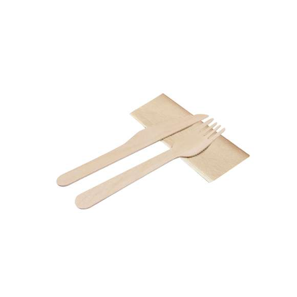 Set de cubiertos ecológicos 3 en 1 de madera natural con servilleta. Incluye: tenedor, cuchillo y servilleta de papel en color kraft.  Presentado en bolsa individual.Elaborado con elementos vegetales para así fomentar la utilización de materias primas naturales y reducir las emisiones contaminantes.