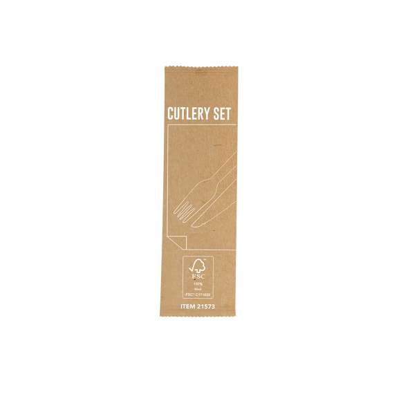 Set de cubiertos ecológicos 3 en 1 de madera natural con servilleta. Incluye: tenedor, cuchillo y servilleta de papel en color kraft.  Presentado en bolsa individual.Elaborado con elementos vegetales para así fomentar la utilización de materias primas naturales y reducir las emisiones contaminantes.