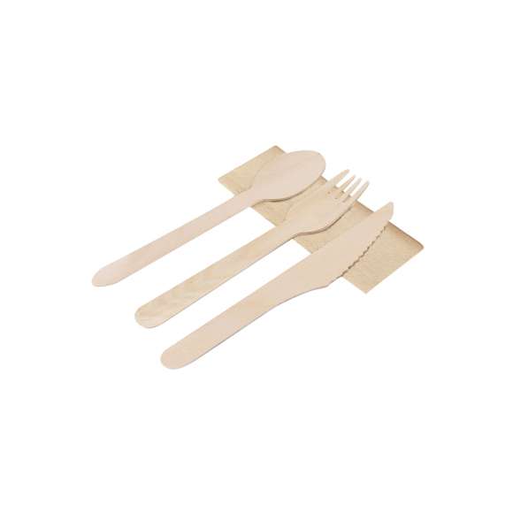Set de cubiertos ecológicos 4 en 1 de madera natural con servilleta. Incluye: cuchara, tenedor, cuchillo y servilleta de papel en color kraft.  Presentado en bolsa individual.Elaborado con elementos vegetales para así fomentar la utilización de materias primas naturales y reducir las emisiones contaminantes.