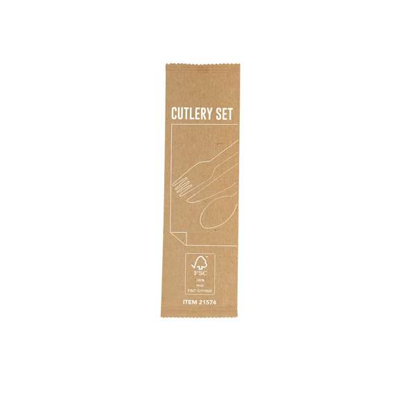 Set de cubiertos ecológicos 4 en 1 de madera natural con servilleta. Incluye: cuchara, tenedor, cuchillo y servilleta de papel en color kraft.  Presentado en bolsa individual.Elaborado con elementos vegetales para así fomentar la utilización de materias primas naturales y reducir las emisiones contaminantes.