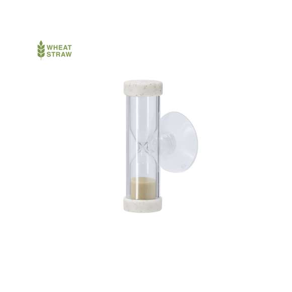 Reloj de arena con duración 2 minutos,  fabricado en combinación caña de trigo y cristal. Cuenta con una práctica ventosa que permite fijarlo fácilmente.La Caña de Trigo fomenta la utilización de materias primas naturales, reduciendo así las emisiones contaminantes.