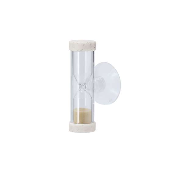 Reloj de arena con duración 2 minutos,  fabricado en combinación caña de trigo y cristal. Cuenta con una práctica ventosa que permite fijarlo fácilmente.La Caña de Trigo fomenta la utilización de materias primas naturales, reduciendo así las emisiones contaminantes.