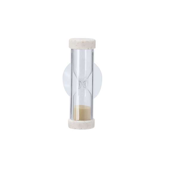Reloj de arena con duración 2 minutos,  fabricado en combinación caña de trigo y cristal. Cuenta con una práctica ventosa que permite fijarlo fácilmente.La Caña de Trigo fomenta la utilización de materias primas naturales, reduciendo así las emisiones contaminantes.
