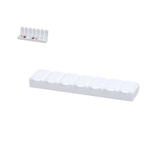 Pastillero semanal en resistente material PP de acabado blanco sólido. Incluye 7 compartimentos individuales con cierre de seguridad. Libre de BPA.