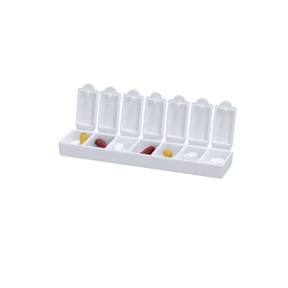Pastillero semanal en resistente material PP de acabado blanco sólido. Incluye 7 compartimentos individuales con cierre de seguridad. Libre de BPA.