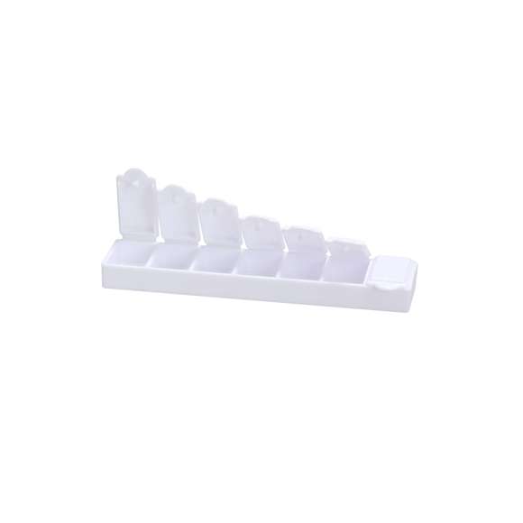 Pastillero semanal en resistente material PP de acabado blanco sólido. Incluye 7 compartimentos individuales con cierre de seguridad. Libre de BPA.