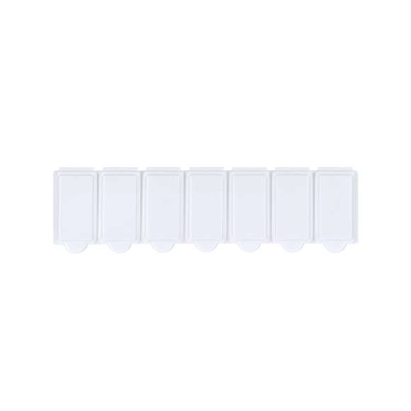 Pastillero semanal en resistente material PP de acabado blanco sólido. Incluye 7 compartimentos individuales con cierre de seguridad. Libre de BPA.