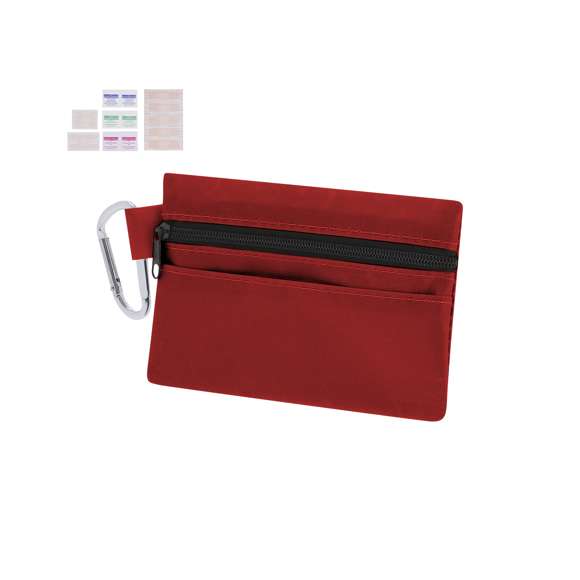 Kit de emergencia de 14 accesorios en resistente estuche de poliéster 600D, con cierre de cremallera, bolsillo frontal y mosquetón metálico. Incluye vendas, toallitas, toallas con alcohol y toallita alivia picaduras.