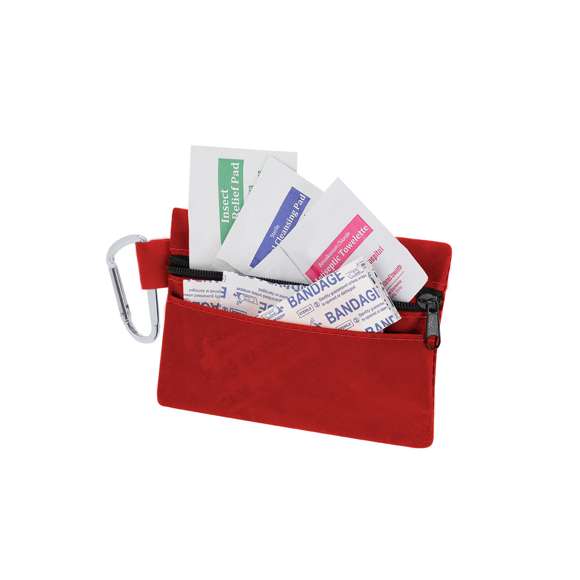 Kit de emergencia de 14 accesorios en resistente estuche de poliéster 600D, con cierre de cremallera, bolsillo frontal y mosquetón metálico. Incluye vendas, toallitas, toallas con alcohol y toallita alivia picaduras.