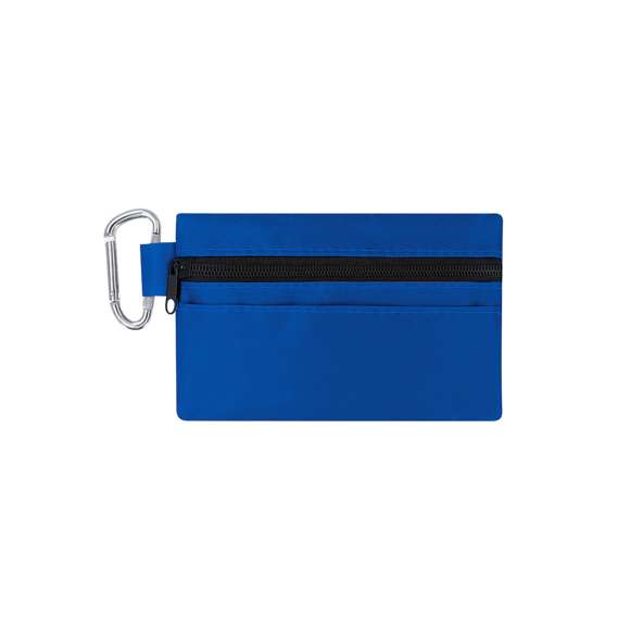 Kit de emergencia de 14 accesorios en resistente estuche de poliéster 600D, con cierre de cremallera, bolsillo frontal y mosquetón metálico. Incluye vendas, toallitas, toallas con alcohol y toallita alivia picaduras.