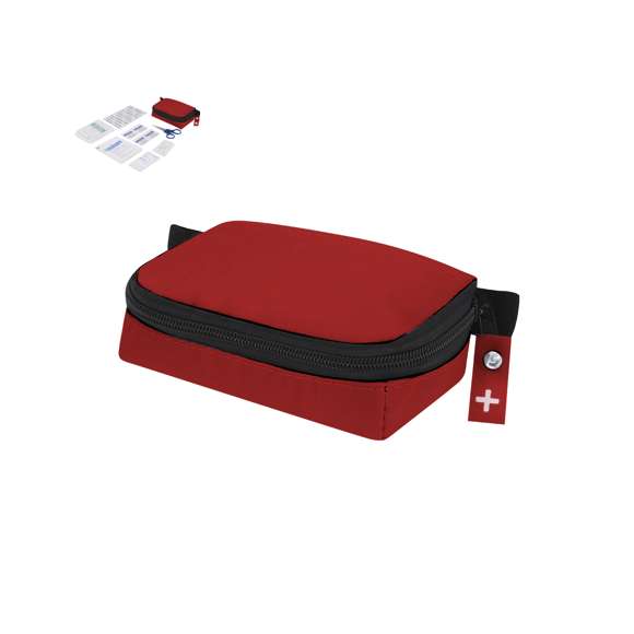 Kit de emergencia de 20 accesorios en resistente estuche de poliéster 600D con cierre de cremallera de un tirador. Incluye gasas estériles, vendas, toallas con alcohol, cinta adhesiva, imperdible y tijeras. Con cintas para colgar, para faicilitar un mejor transporte.
