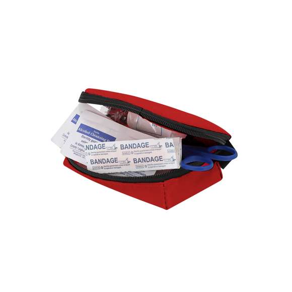 Kit de emergencia de 20 accesorios en resistente estuche de poliéster 600D con cierre de cremallera de un tirador. Incluye gasas estériles, vendas, toallas con alcohol, cinta adhesiva, imperdible y tijeras. Con cintas para colgar, para faicilitar un mejor transporte.