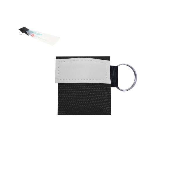 Llavero mascara para reanimación CRP, de formato compacto en una pequeña bolsa de poliéster 600 D con cierre de velcro y aro metálico para convertirse en llavero.