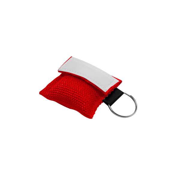 Llavero mascara para reanimación CRP, de formato compacto en una pequeña bolsa de poliéster 600 D con cierre de velcro y aro metálico para convertirse en llavero.
