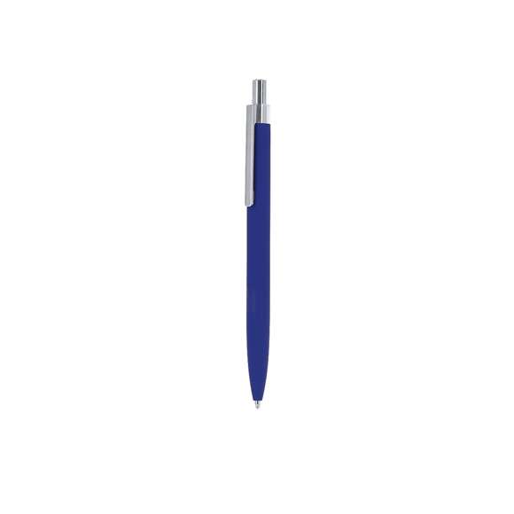 Bolígrafo de mecanismo pulsador fabricado en aluminio reciclado. Pulsador y clip metálico en acabado cromado. Cuerpo acabado goma, especialmente diseñado para marcaje en láser. Distintivo aluminio reciclado en la parte superior del bolígrafo. De cartucho jumbo y en tinta azul.  El aluminio reciclado es un material con posibilidades de reciclaje casi infinitas, sin perder sus propiedades originales y consumiendo menos energía en este proceso.Certificación GRS (Global Recycled Standard / Estándar de Reciclaje Global), que garantiza el origen reciclado del material usado para fabricar el producto.
