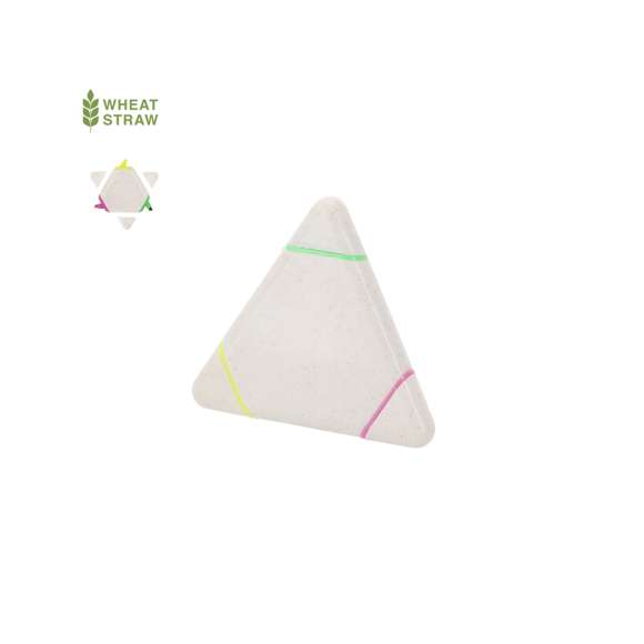 Original marcador fluorescente de tres colores fabricado en caña de trigo. Con cuerpo de triangulo en suave acabado brillante, especialmente diseñado para marcaje a todo color. Con capuchas opacas. La caña de trigo fomenta la utilización de materias primas naturales, reduciendo así las emisiones contaminantes.