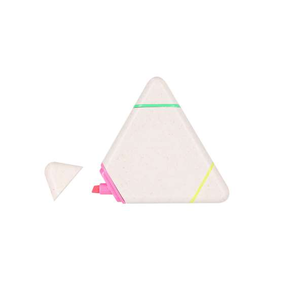 Original marcador fluorescente de tres colores fabricado en caña de trigo. Con cuerpo de triangulo en suave acabado brillante, especialmente diseñado para marcaje a todo color. Con capuchas opacas. La caña de trigo fomenta la utilización de materias primas naturales, reduciendo así las emisiones contaminantes.