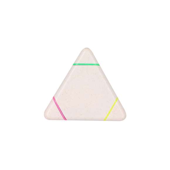 Original marcador fluorescente de tres colores fabricado en caña de trigo. Con cuerpo de triangulo en suave acabado brillante, especialmente diseñado para marcaje a todo color. Con capuchas opacas. La caña de trigo fomenta la utilización de materias primas naturales, reduciendo así las emisiones contaminantes.