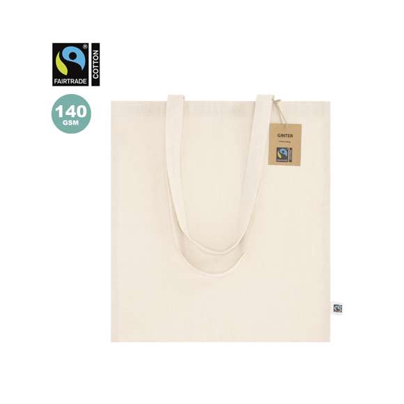 Bolsa confeccionada principalmente en algodón de 140g/m2. Con certificación Fairtrade (Comercio Justo) un sistema comercial solidario y alternativo al convencional que persigue el desarrollo de los pueblos y la lucha contra la pobreza. De acabado cosido, con asas largas de 70cm y resistencia hasta 7kg de peso. Incluida etiqueta Fairtrade y hangtag distintivo en cartón reciclado.