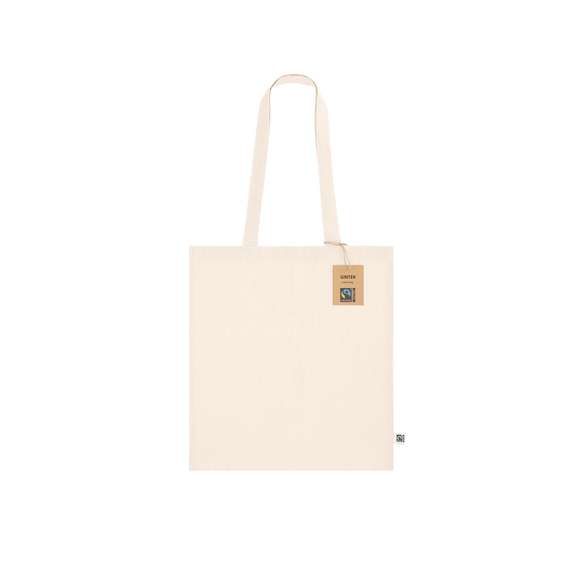 Bolsa confeccionada principalmente en algodón de 140g/m2. Con certificación Fairtrade (Comercio Justo) un sistema comercial solidario y alternativo al convencional que persigue el desarrollo de los pueblos y la lucha contra la pobreza. De acabado cosido, con asas largas de 70cm y resistencia hasta 7kg de peso. Incluida etiqueta Fairtrade y hangtag distintivo en cartón reciclado.